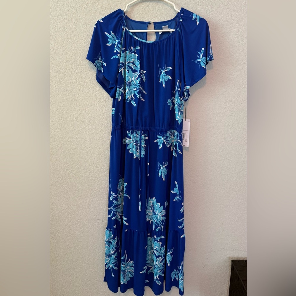 Liz Claiborne Blue Floral Tiered Midi Dress NWT | Elastic Waist Short Sleeve M